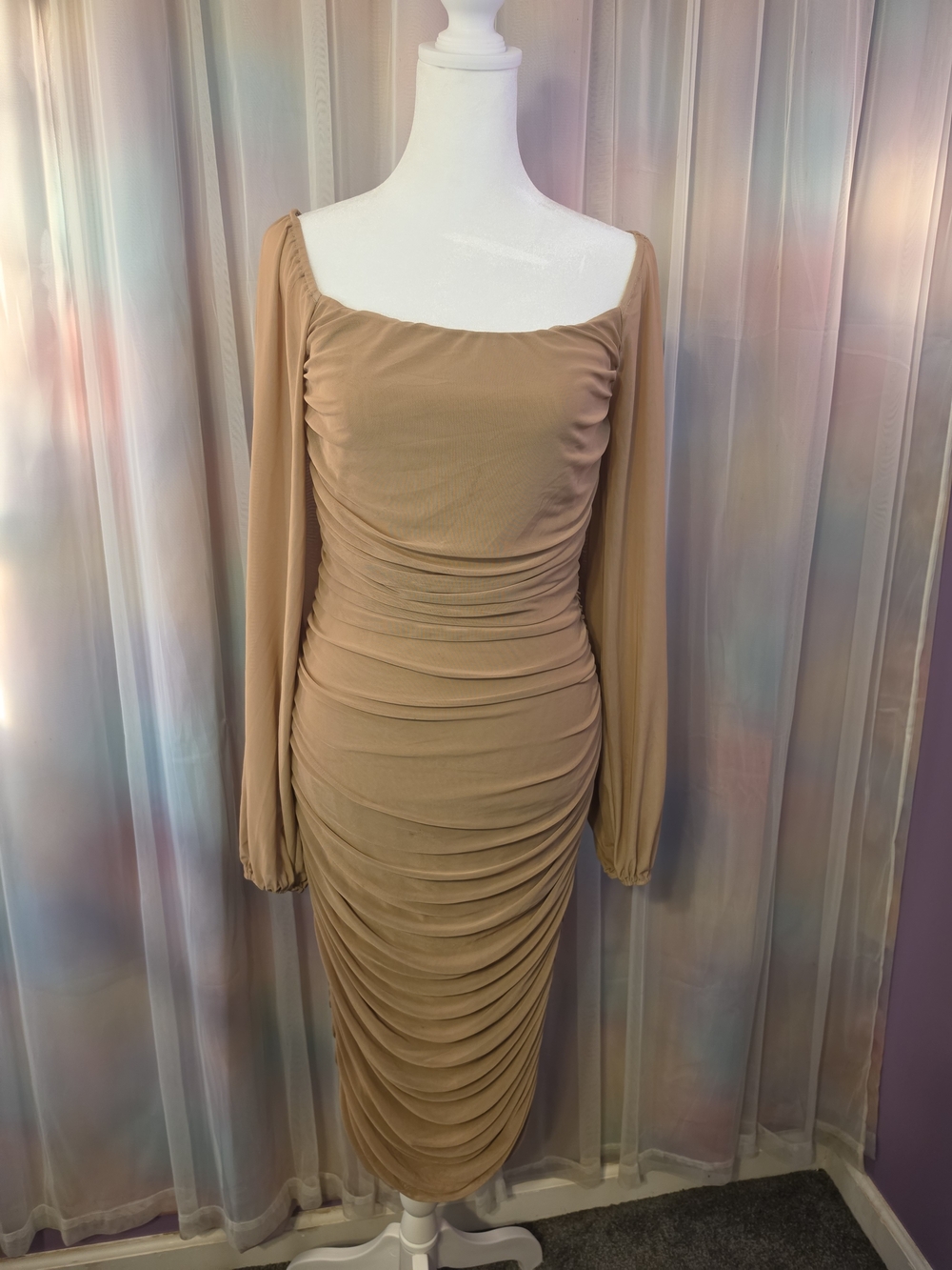 Ruched Square-Neck Bodycon Sheer Long Sleeves Midi Dress in Camel Size Large